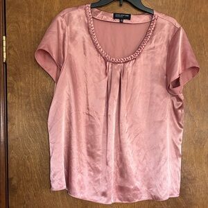 Jones New York Dusty Rose Satin Short-Sleeve Blouse with Braided Scoop Neckline
